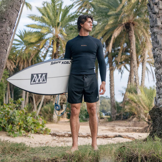 Xcel men's Comp+ 1mm black long sleeve wetsuit jacket worn with boardshorts