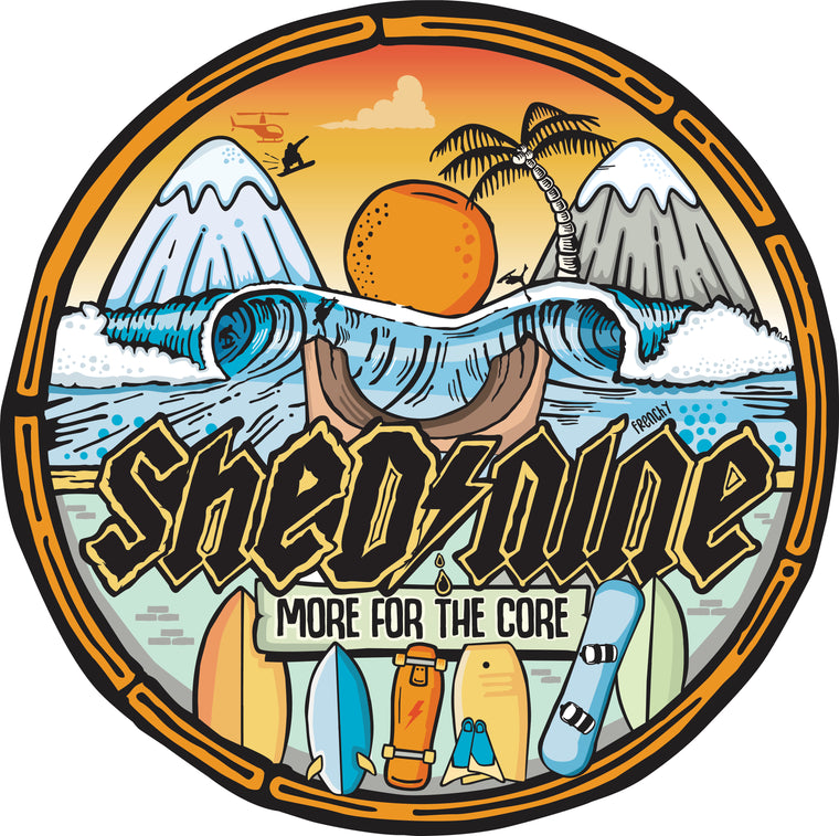 Circular logo with mountain, beach, and surfboard elements, featuring the brand 'Shedzone'.