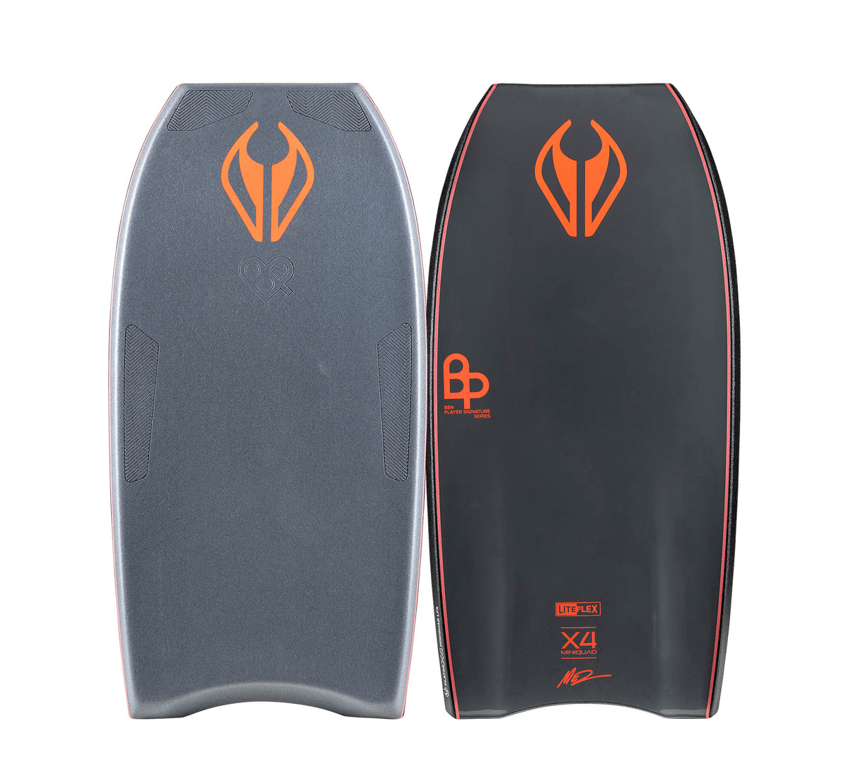NMD Ben Player Liteflex X4 MiniQuad Bodyboard in Grey/Dark Grey, deck and underside views