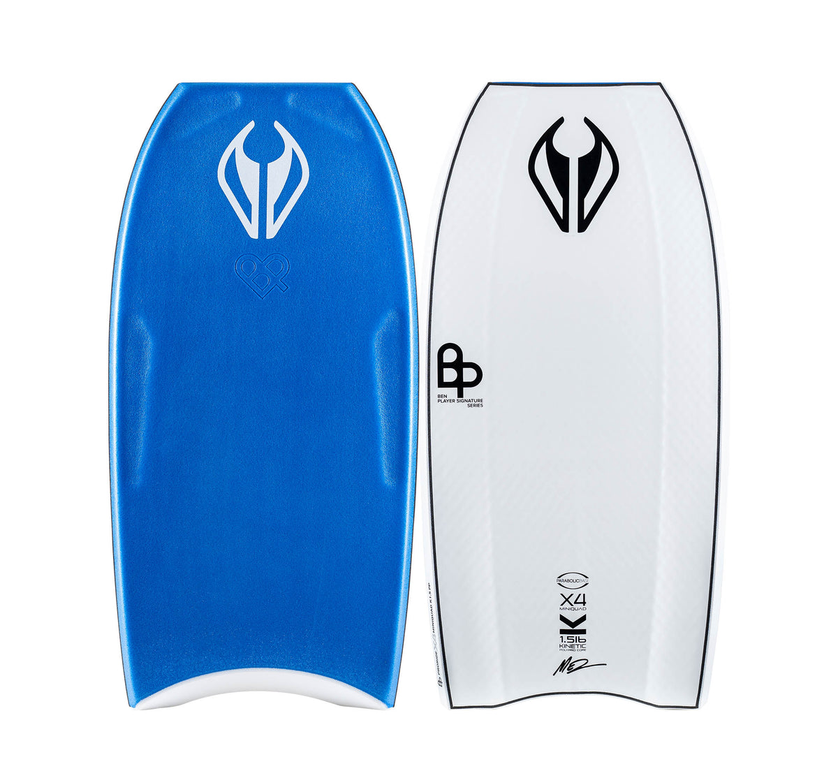 NMD Ben Player K15 ProRide X4 MiniQuad Bodyboard in Royal Blue/White, deck and underside views