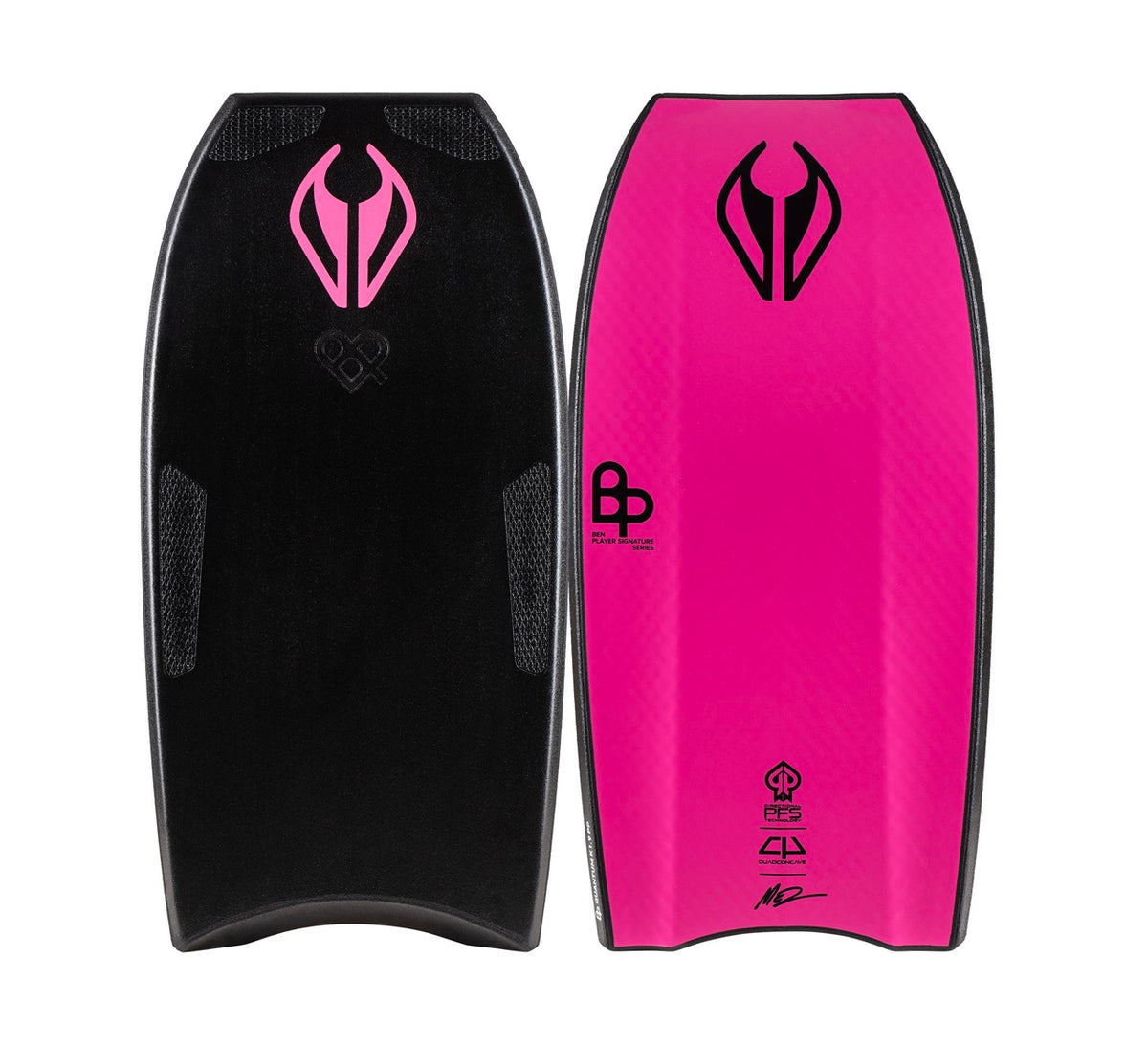 NMD Ben Player Quantum K19 Quad Crescent Bodyboard in Black/Pink, deck and underside views