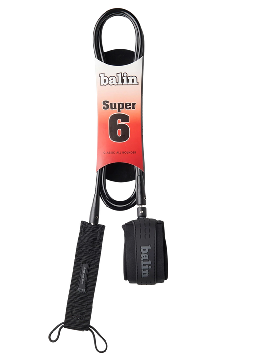 Black surf leash with 'Balin' branding on a white background