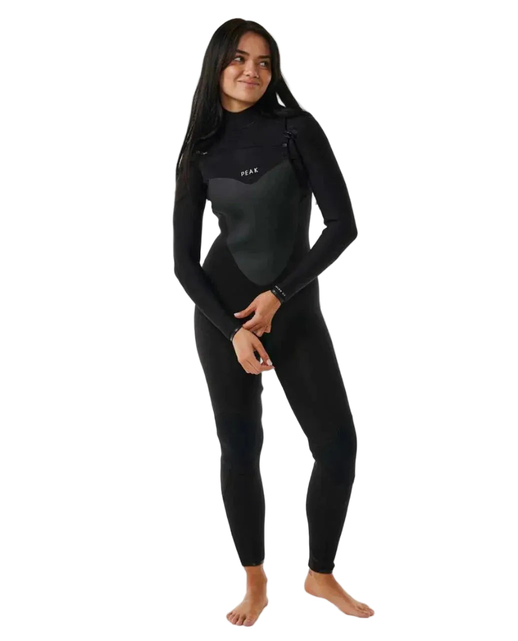 Peak Women’s X Dry 4/3 Chest Zip Steamer Wetsuit in black model front view shed nine