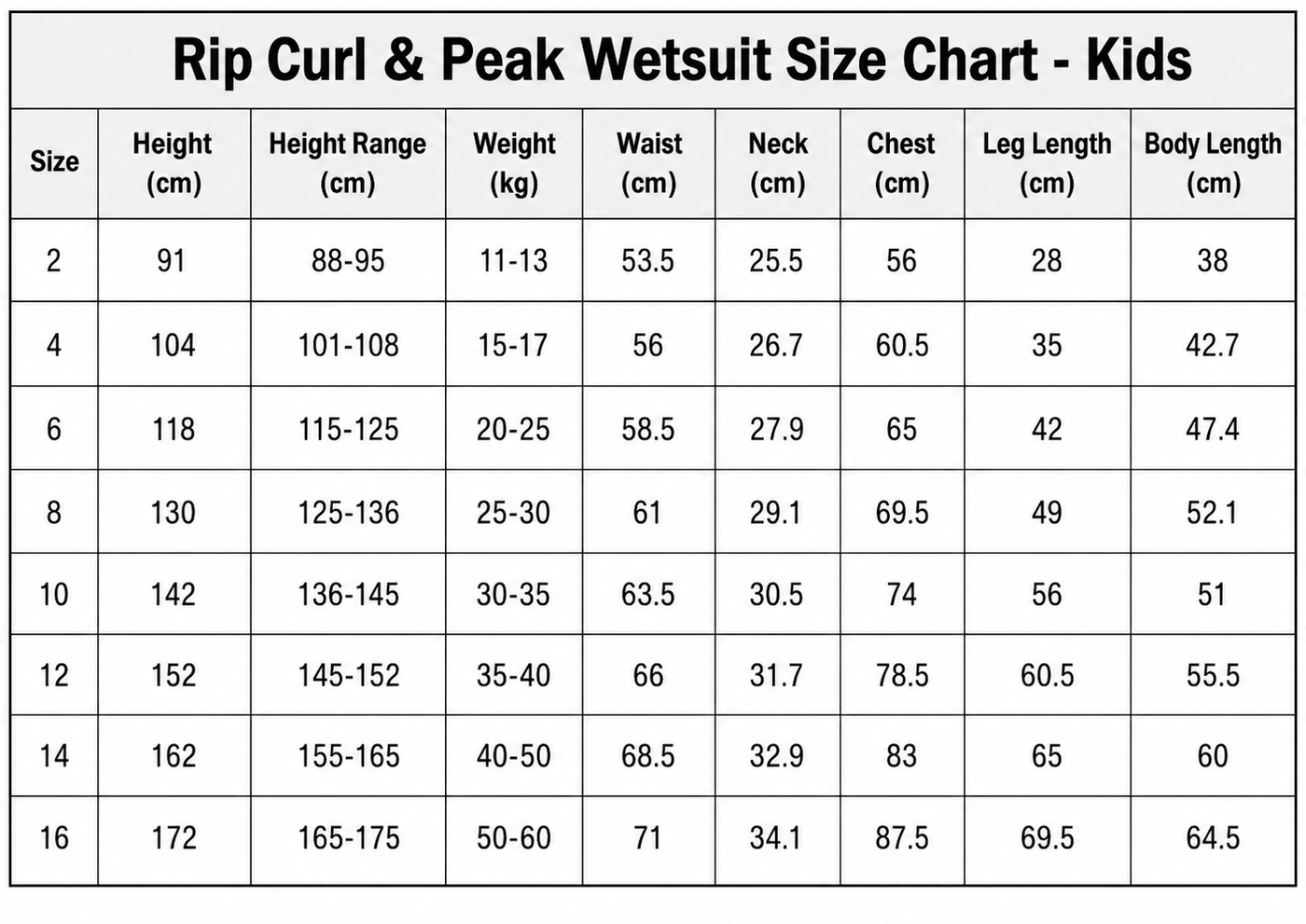 Peak Climax Pro Zip Free 3/2GB Steamer Wetsuit - Black size guide