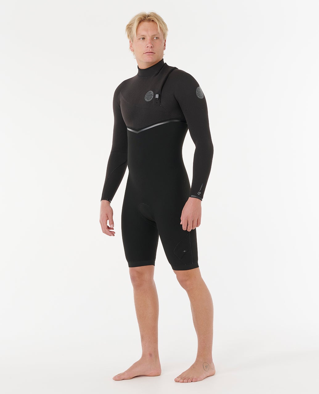 Rip Curl E-Bomb 123MSP 2/2mm long sleeve zip-free springsuit in Black, front three-quarter view