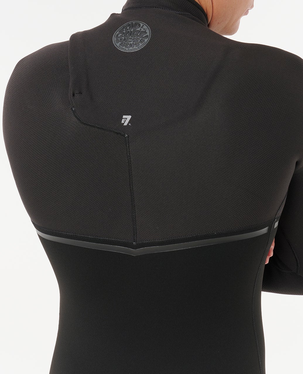 Rip Curl E-Bomb 123MSP 2/2mm long sleeve zip-free springsuit in Black, upper-back construction detail