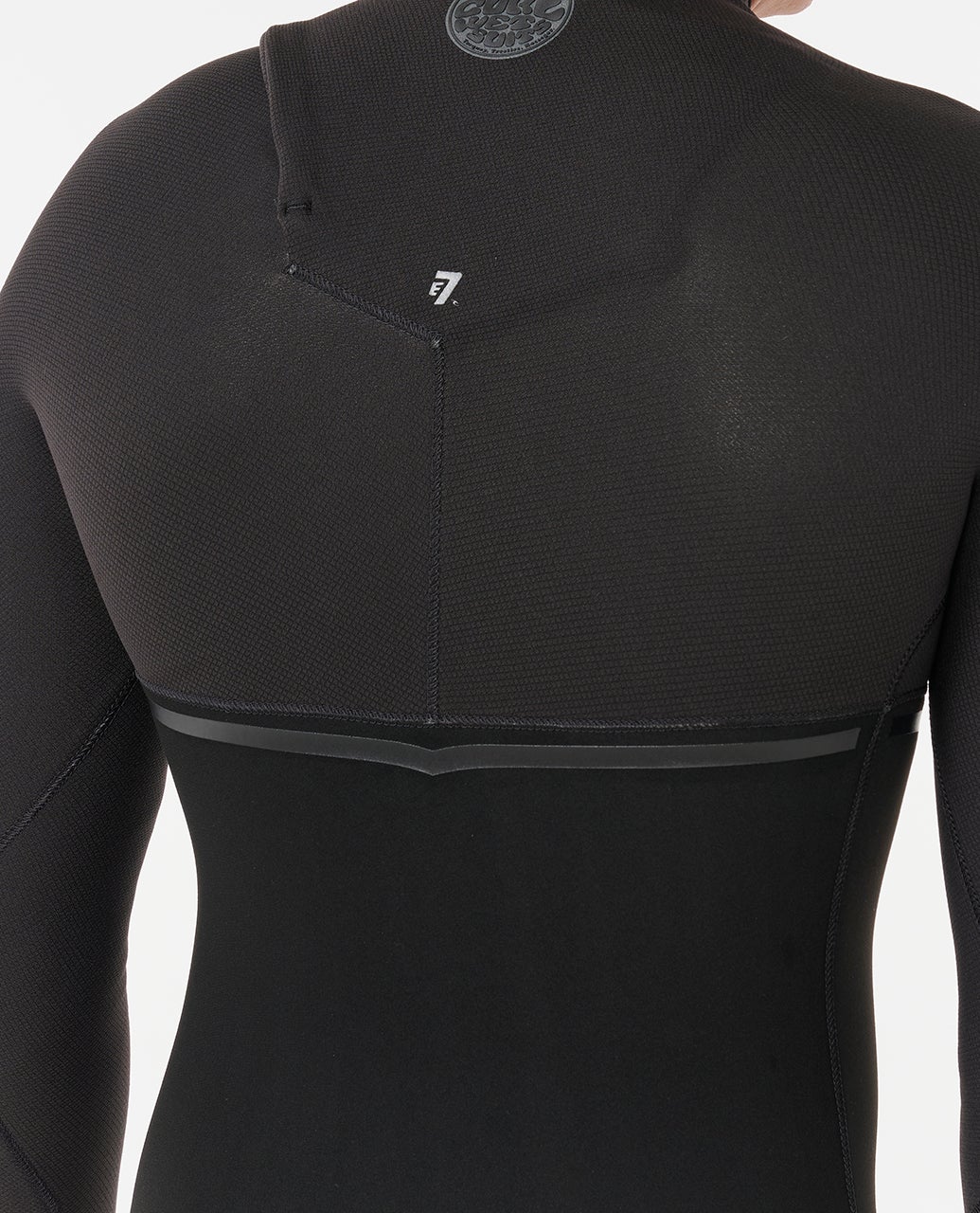 Upper-back panel detail on the black Rip Curl E-Bomb 17RMFS wetsuit