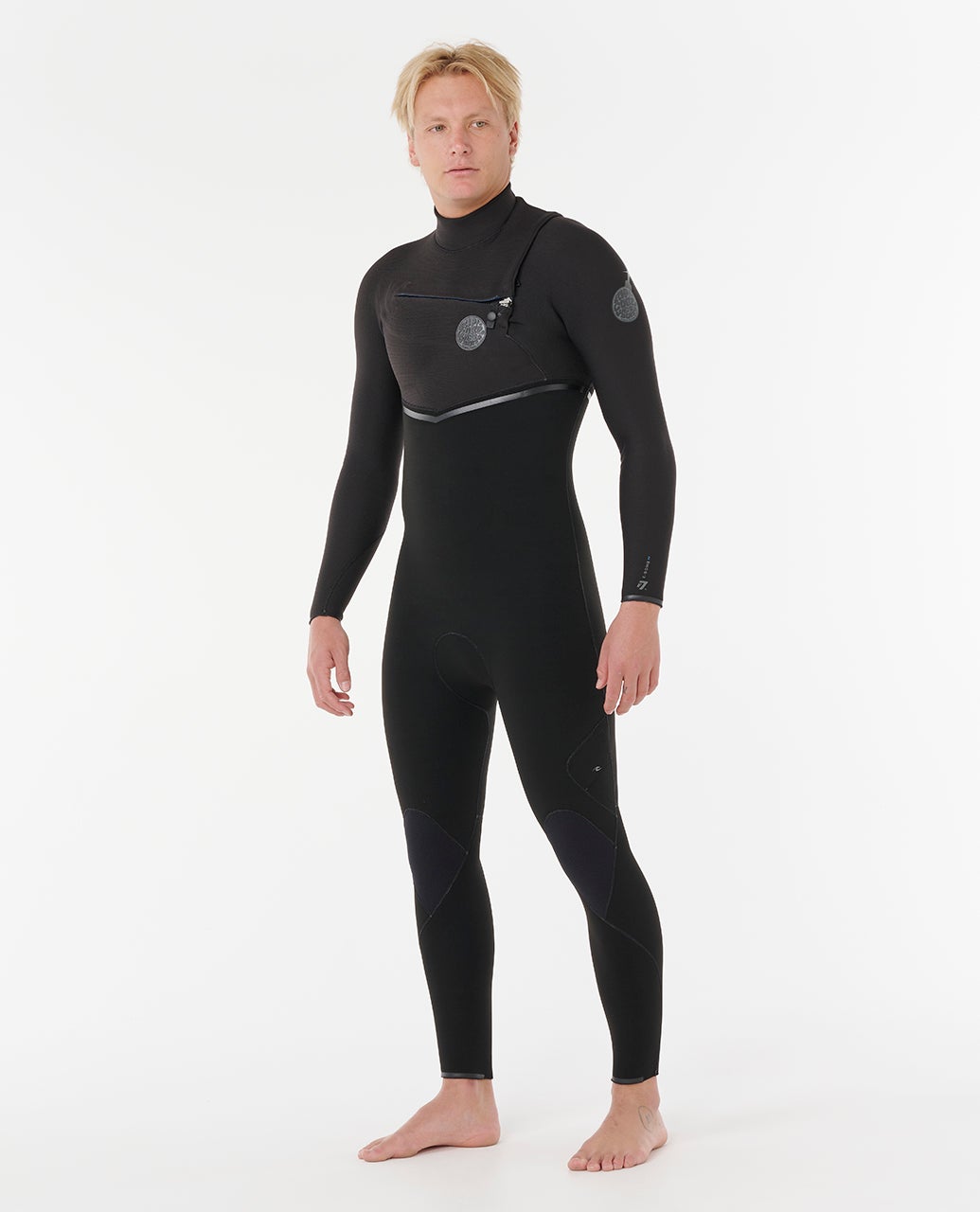 Three-quarter front view of the black Rip Curl E-Bomb 17RMFS 4/3mm wetsuit