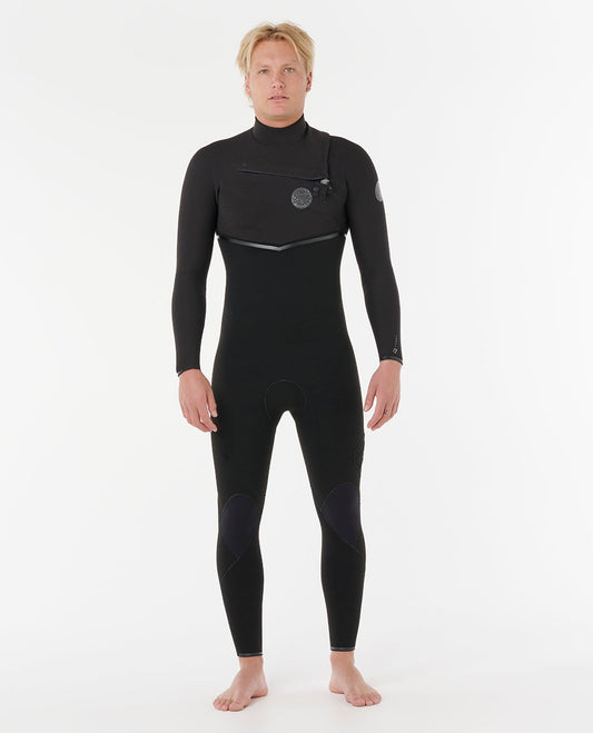 Front view of the Rip Curl E-Bomb 4/3mm chest zip wetsuit, style 17RMFS, in black