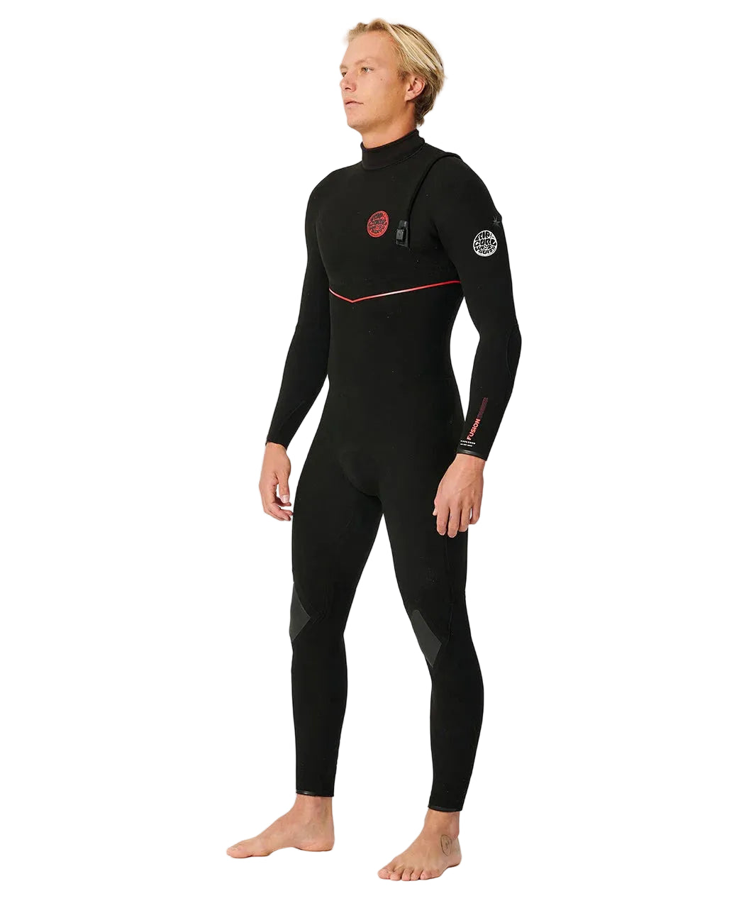 Model angled view wearing Rip Curl Flashbomb Fusion Steamer Wetsuit in black Shed Nine
