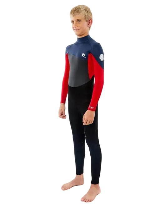 Rip Curl Junior Omega 4/3 Wetsuit in black, navy and pink with back zip design, junior size 8 steamer wetsuit for cooler water surfing conditions in Australia Shed Nine