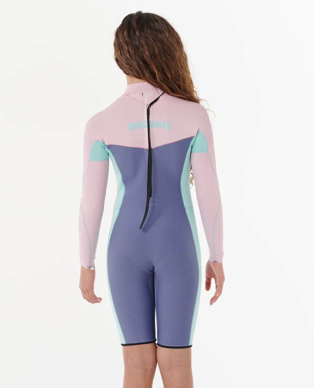 Back view of Rip Curl Kids Dawn Patrol 2mm Back Zip Spring Suit in Pink shed nine