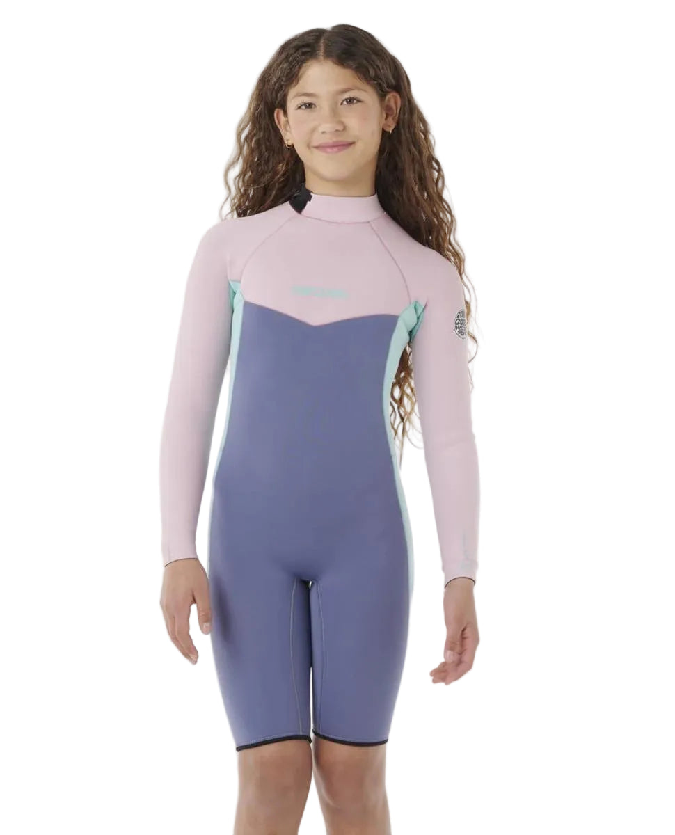 Rip Curl kids pink 2mm long sleeve spring suit front view shed nine