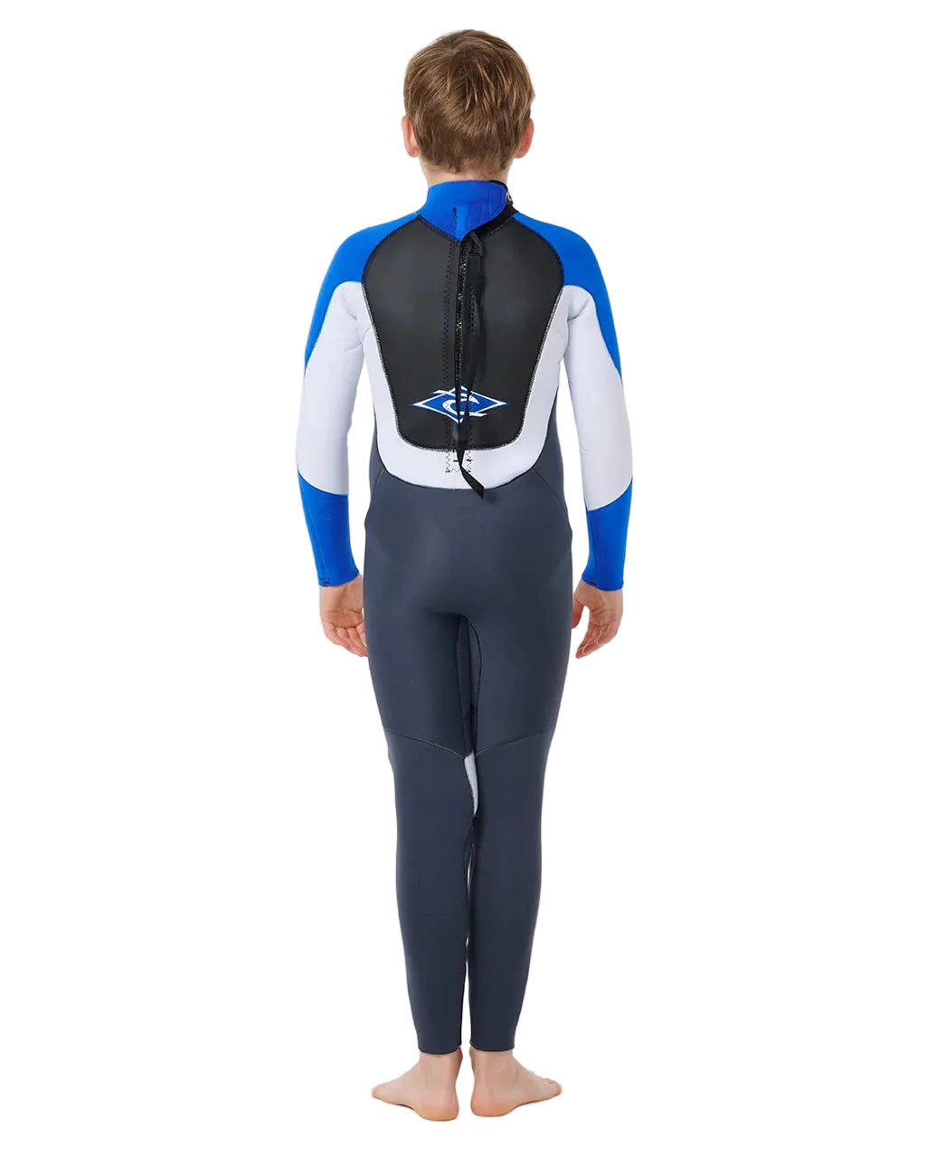 Back view of Rip Curl Kids Omega 3/2 Back Zip Steamer Wetsuit showing back zip entry shed nine