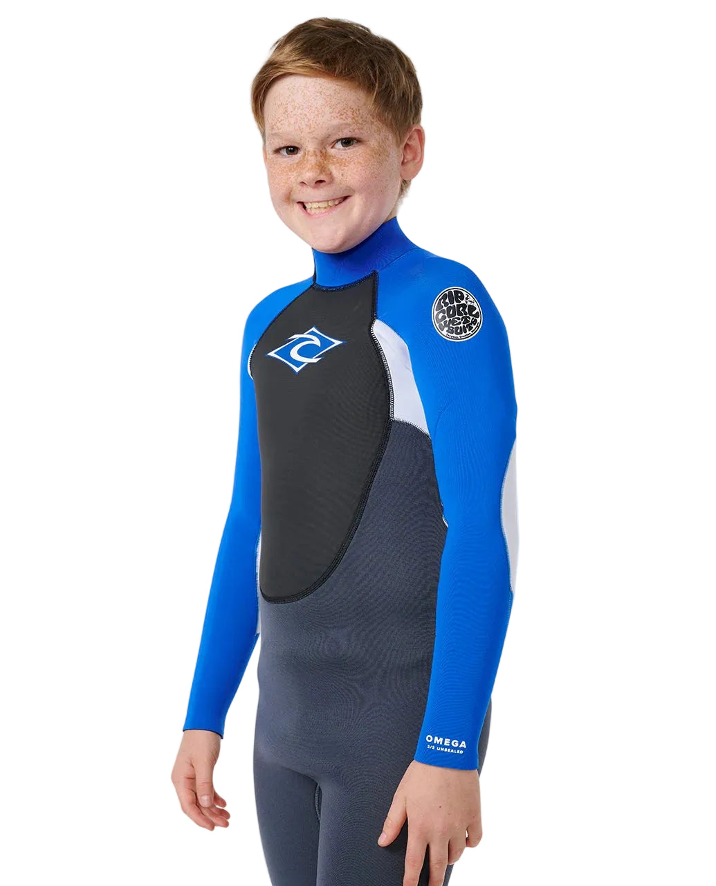 Chest and shoulder detail of Rip Curl Kids Omega 3/2 Back Zip Steamer Wetsuit in blue shed nine
