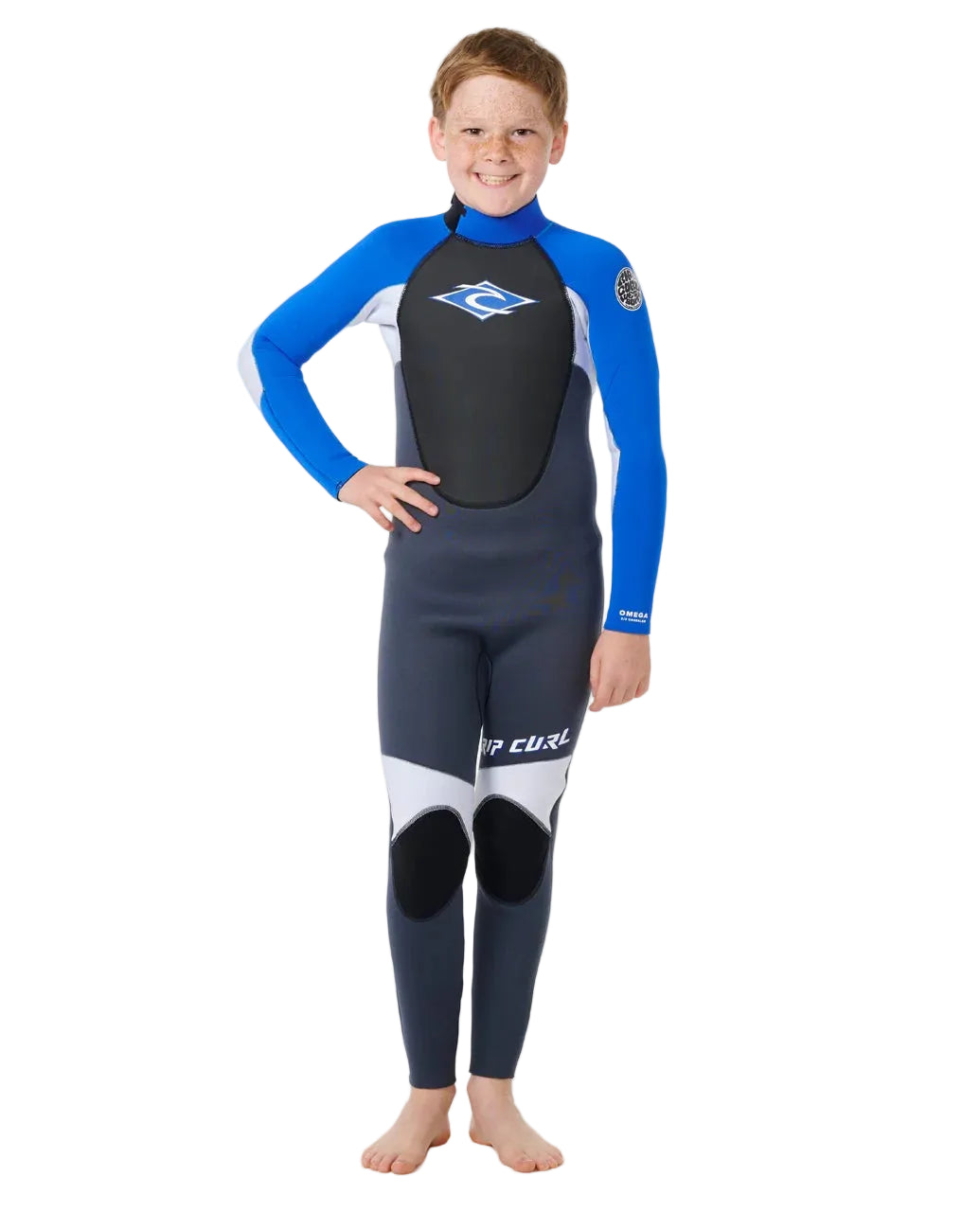 Child model wearing Rip Curl Kids Omega 3/2 Back Zip Steamer Wetsuit in blue shed nine