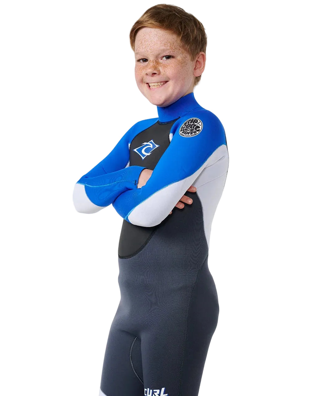 Upper body detail of Rip Curl Kids Omega 3/2 Back Zip Steamer Wetsuit in blue shed nine