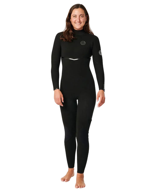 Rip Curl Women’s E-Bomb 3/2 Back Zip Wetsuit in black model front view shed nine