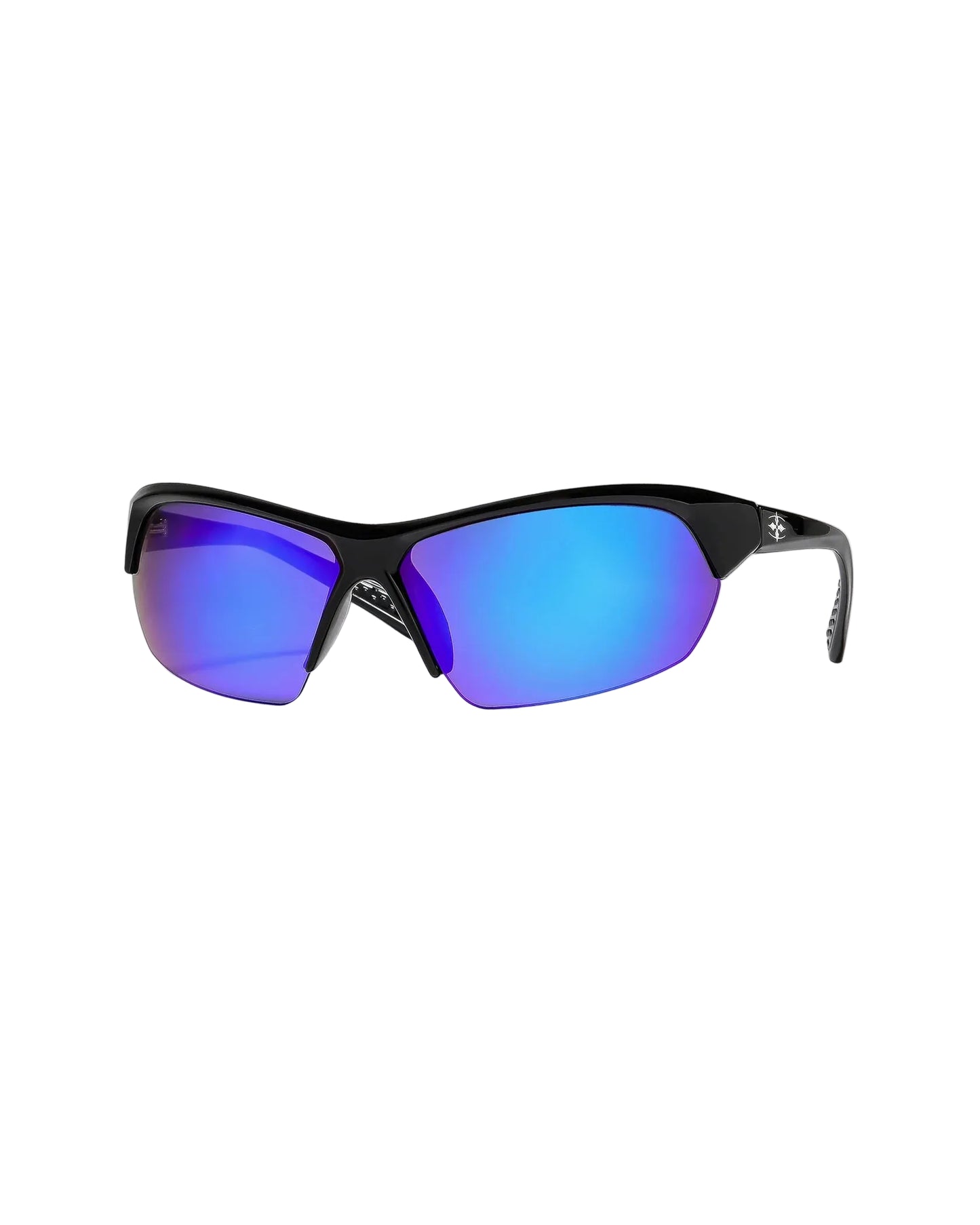 Angled view of Ritual Vision Break & Enter Sunglasses in Polished Black / Reflective Blue shed nine