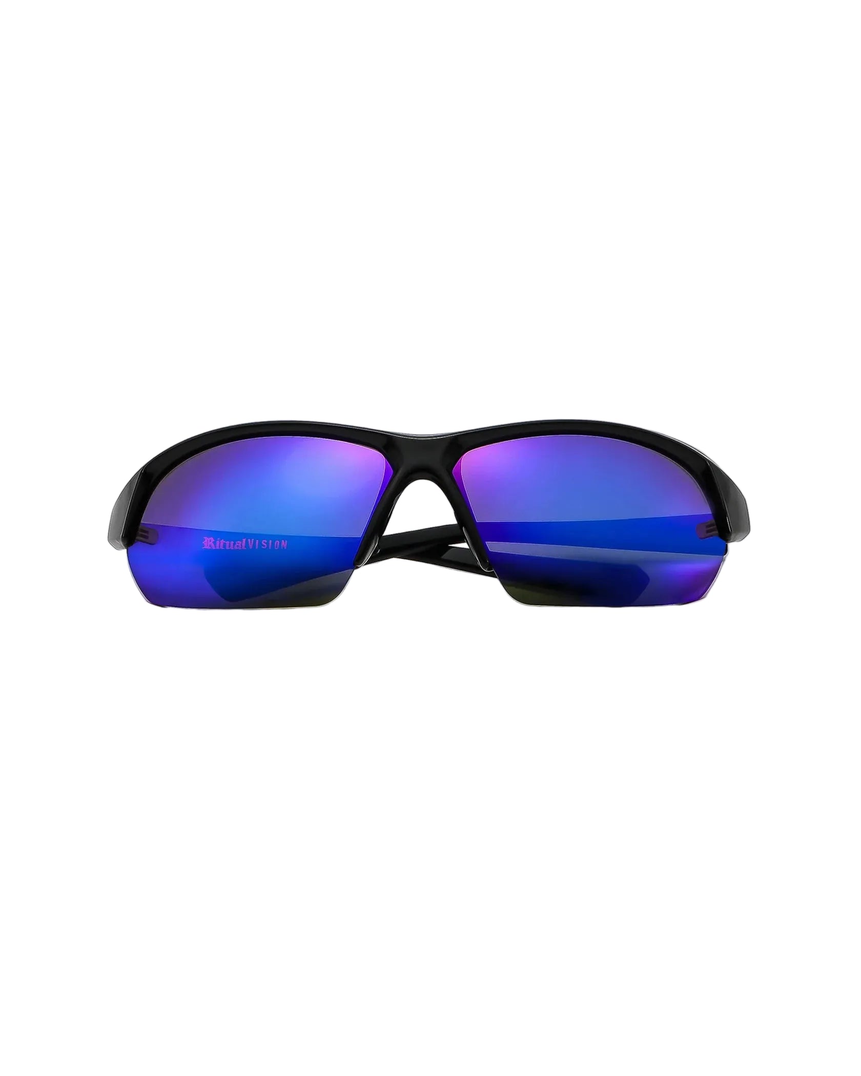 Front angle view of Ritual Vision Break & Enter Sunglasses in Polished Black / Reflective Blue shed nine