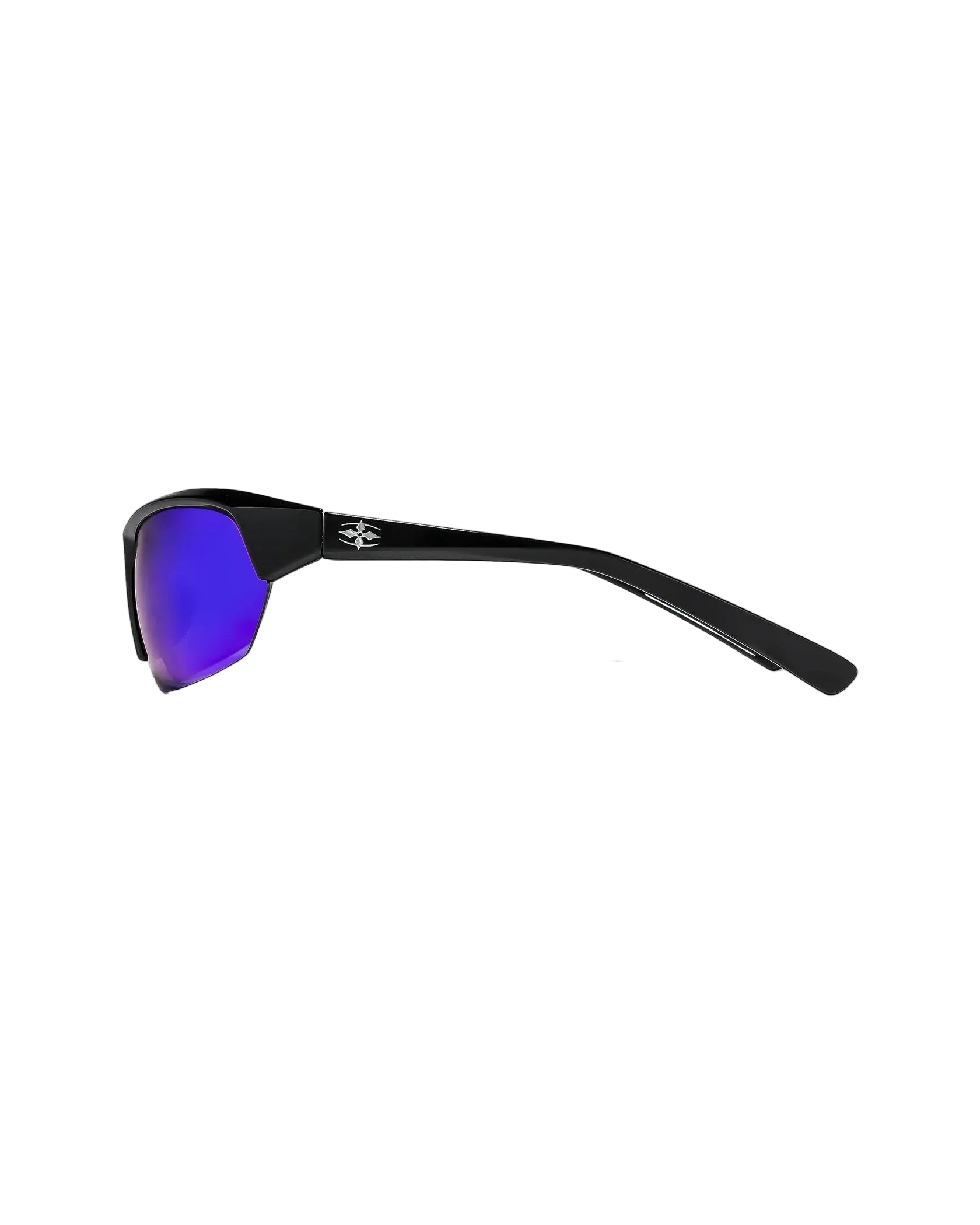 Side profile view of Ritual Vision Break & Enter Sunglasses in Polished Black / Reflective Blue shed nine