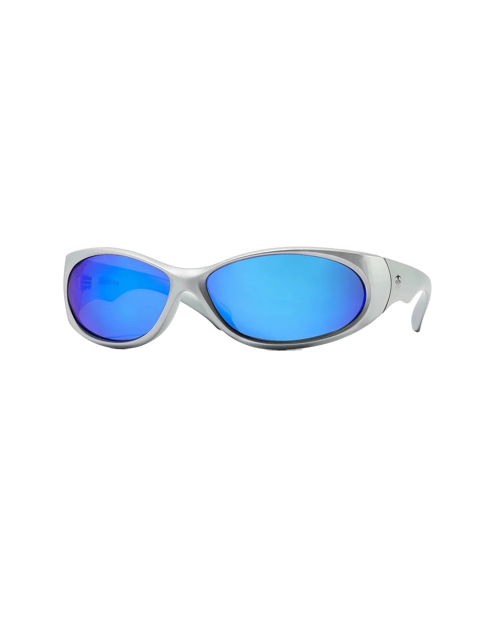 Angled view of Ritual Vision Demon Speed Sunglasses in Matte Chrome / Blue Reflective Polarised 65 mm shed nine