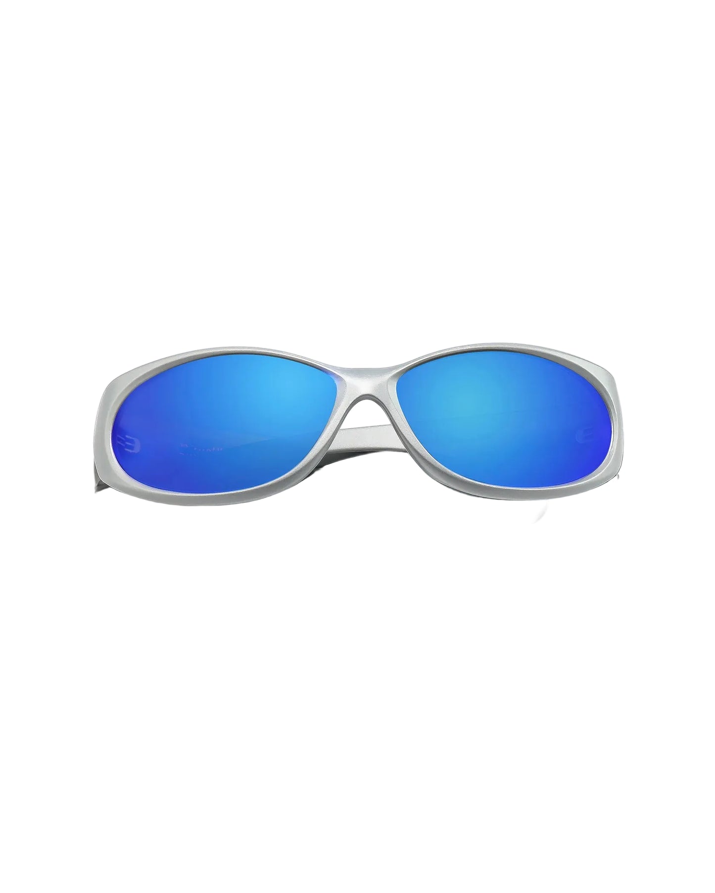 Front angle view of Ritual Vision Demon Speed Sunglasses in Matte Chrome / Blue Reflective Polarised 65 mm shed nine