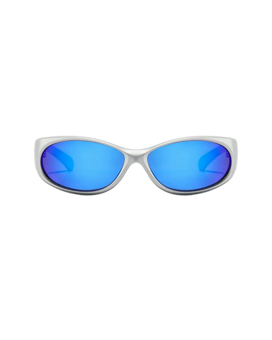 Ritual Vision Demon Speed Sunglasses in Matte Chrome / Blue Reflective Polarised 65 mm front view shed nine