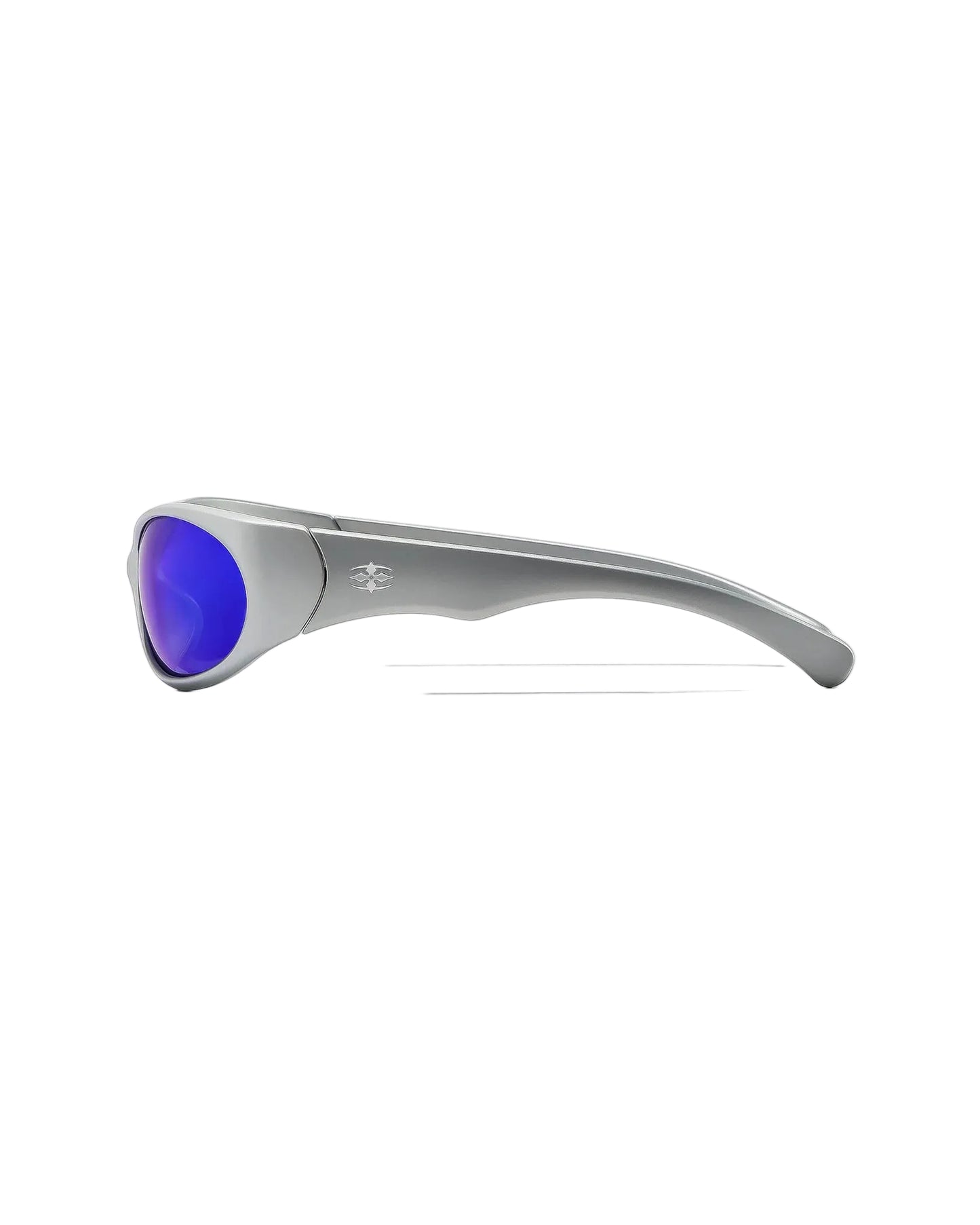 Side profile view of Ritual Vision Demon Speed Sunglasses in Matte Chrome / Blue Reflective Polarised 65 mm shed nine