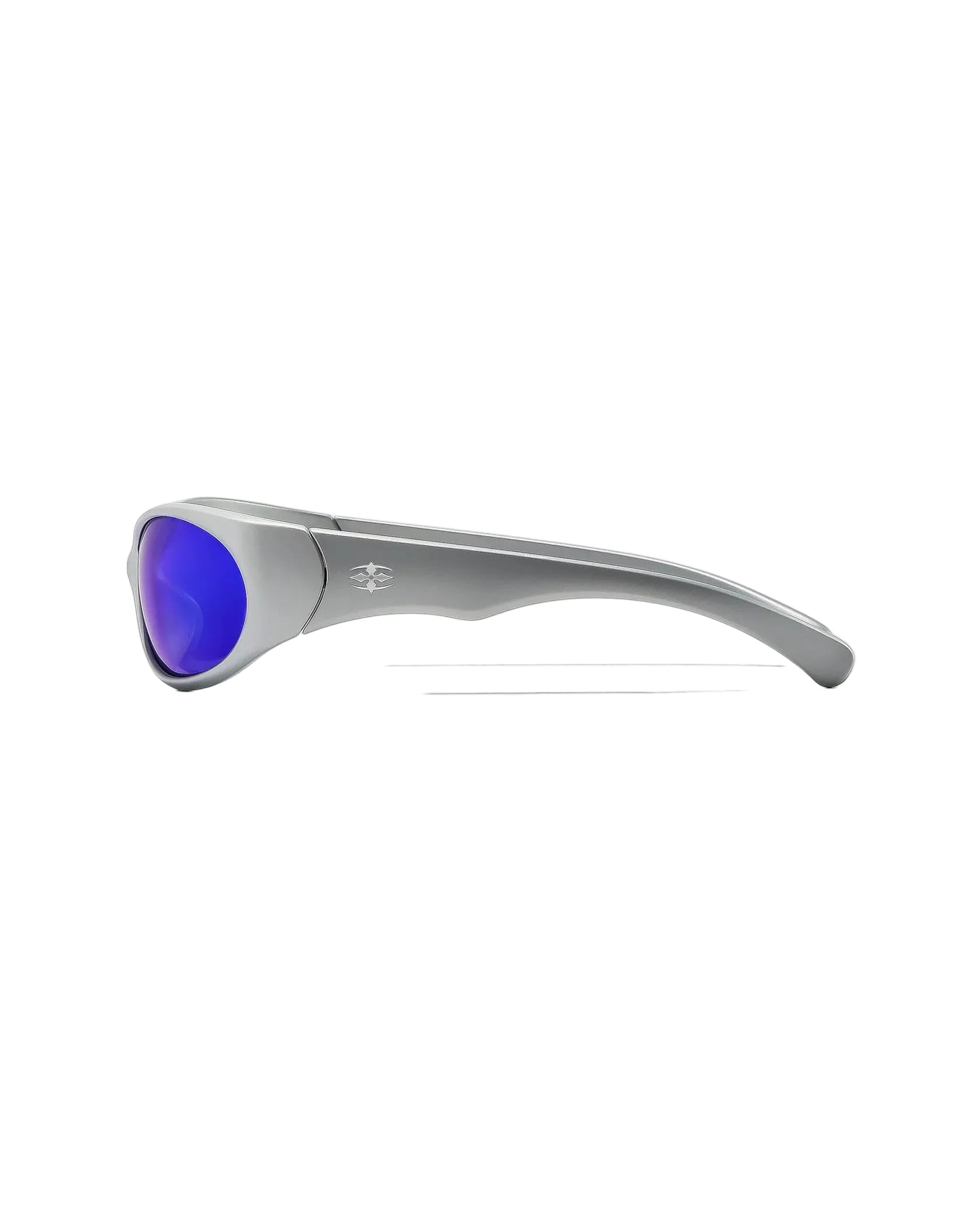 Side profile view of Ritual Vision Demon Speed Sunglasses in Matte Chrome / Blue Reflective Polarised 65 mm shed nine