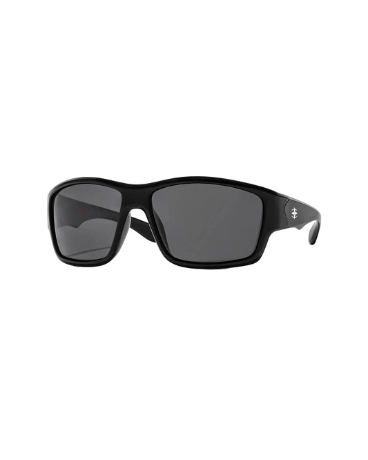 Angled view of Ritual Vision The Decline Sunglasses in Black / Black Polarised 63 mm shed nine