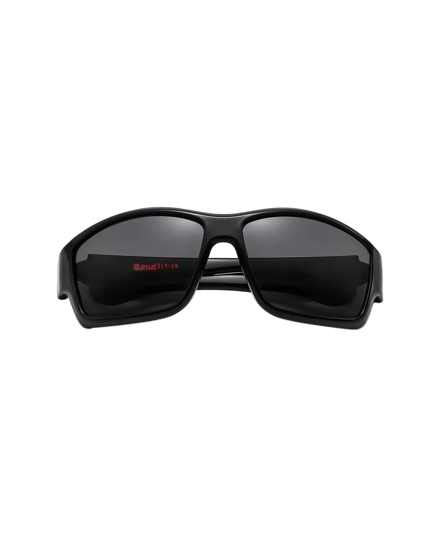 Front angle view of Ritual Vision The Decline Sunglasses in Black / Black Polarised 63 mm shed nine