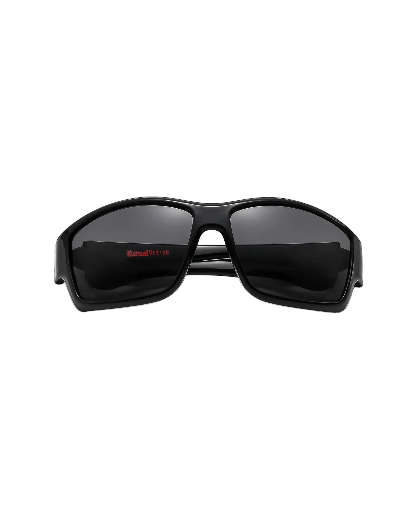 Front angle view of Ritual Vision The Decline Sunglasses in Black / Black Polarised 63 mm shed nine