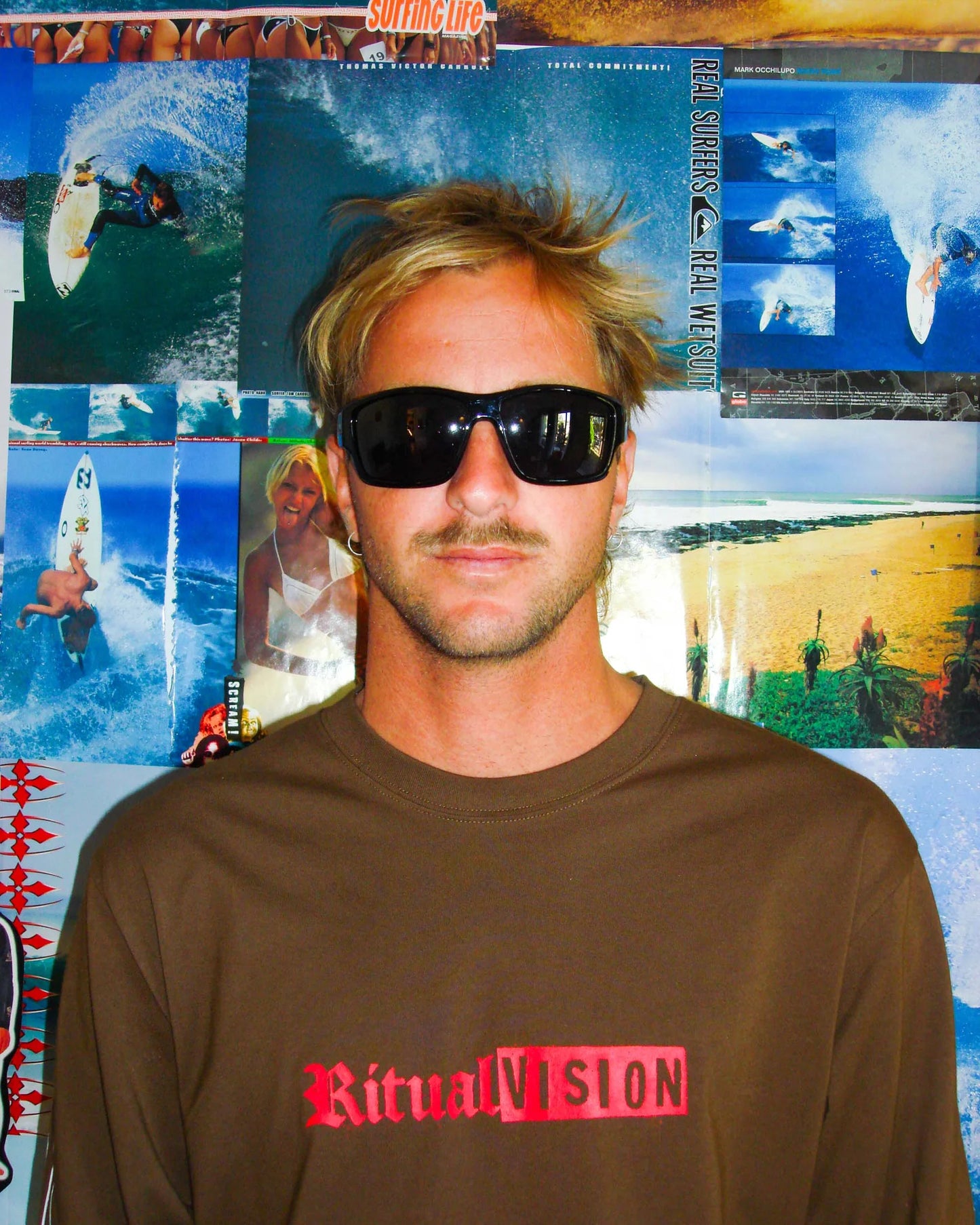 Lifestyle portrait of model wearing Ritual Vision The Decline Sunglasses in Black / Black Polarised 63 mm shed nine