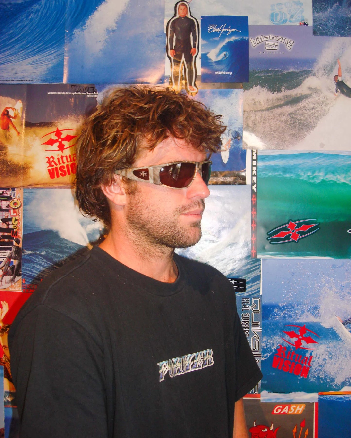 Front portrait of model wearing Ritual Vision The Vacationer Sunglasses in Combat / Olive Polarised shed nine