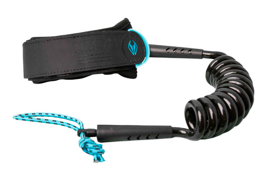 Coiled leash with black and blue design on a white background