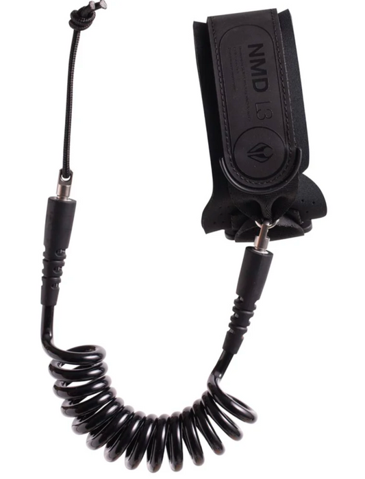 Black coiled safety leash with a clip on a white background