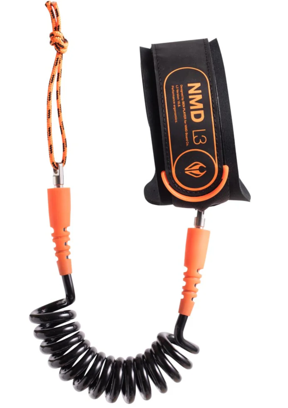 Coiled leash with orange accents and 'NMD' branding on a white background