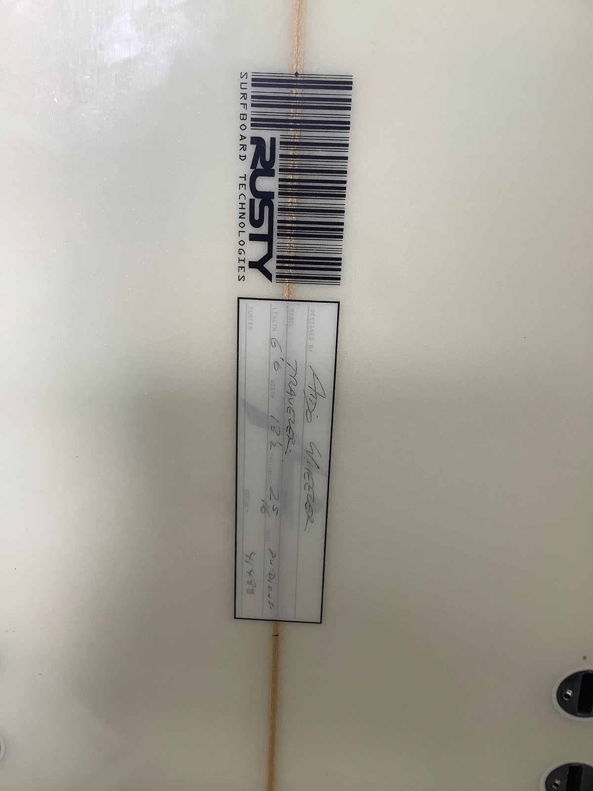 Rusty Traveller dimensions label: 6'6 × 18½ × 2 5/16