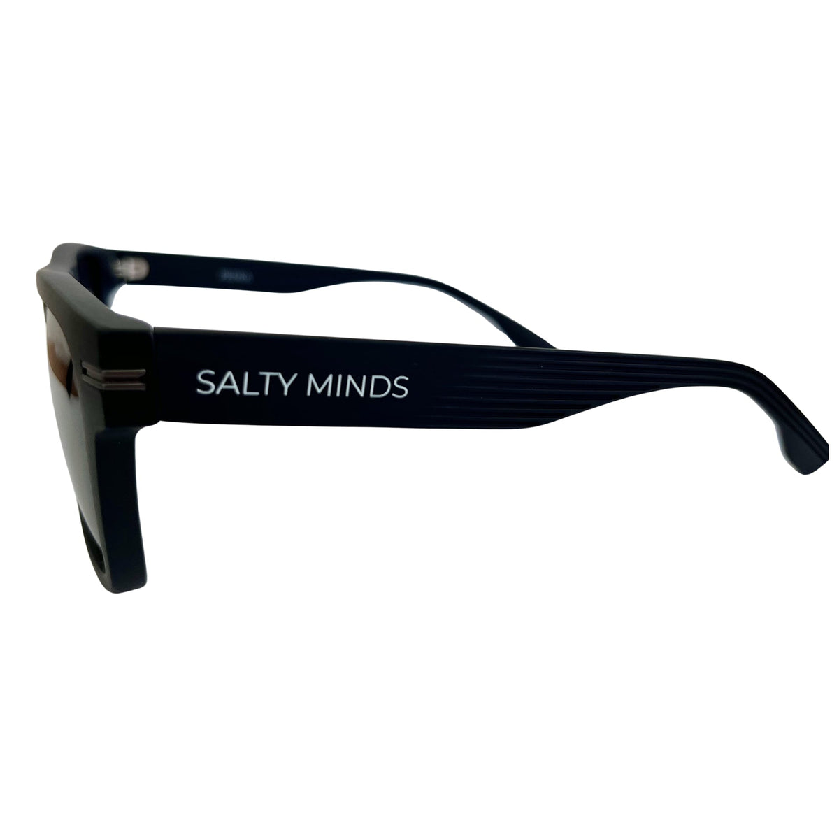 Salty Minds Pedra black sunglasses, side view with logo