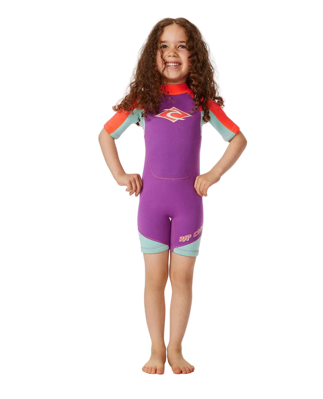 Child wearing a purple and red swimsuit with a logo on a white background shed nine