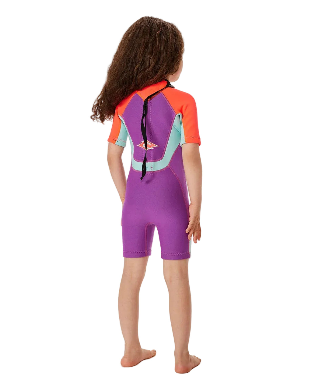 Child wearing a colorful wetsuit on a white background shed nine