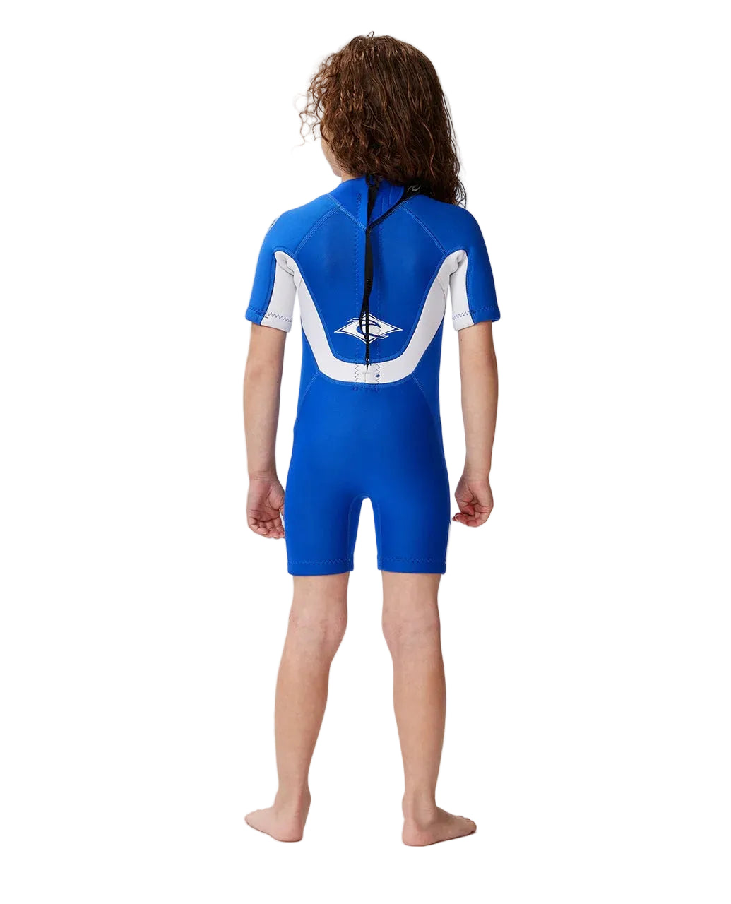 Child wearing a blue and white wetsuit on a white background shed nine 