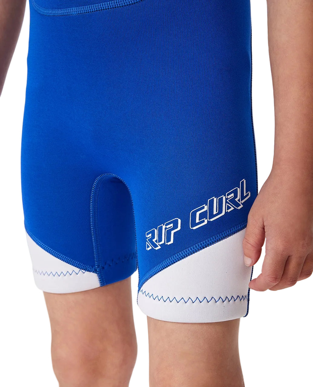 Blue and white swim shorts with 'Rip Curl' branding on a plain background shed nine 
