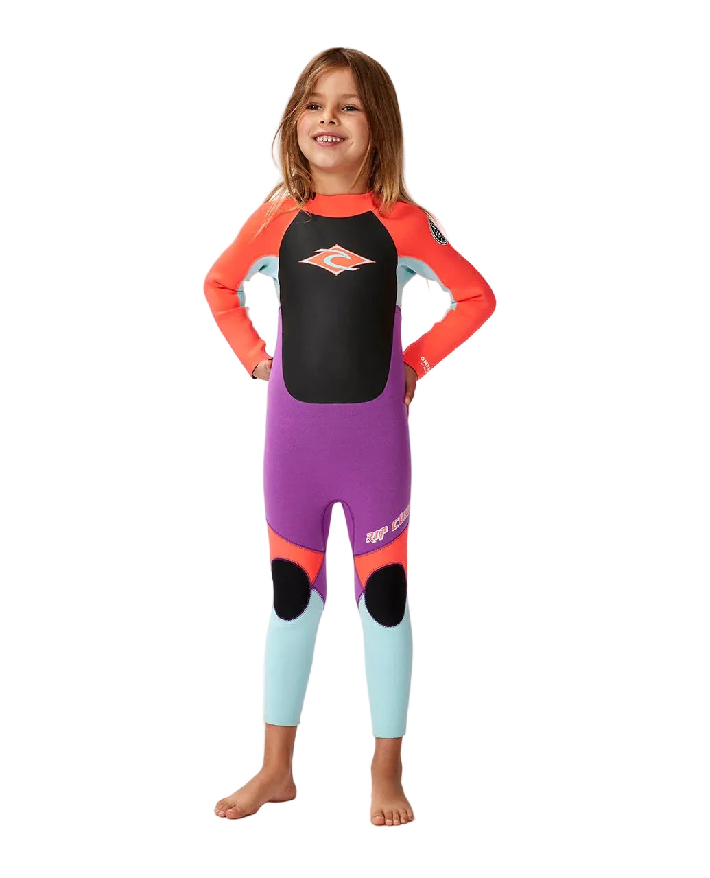 Child wearing a colorful wetsuit on a white background shed nine