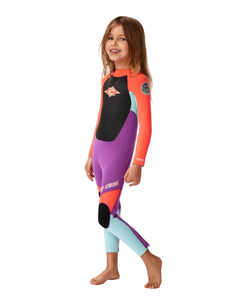 Child wearing a colorful wetsuit on a white background shed nine