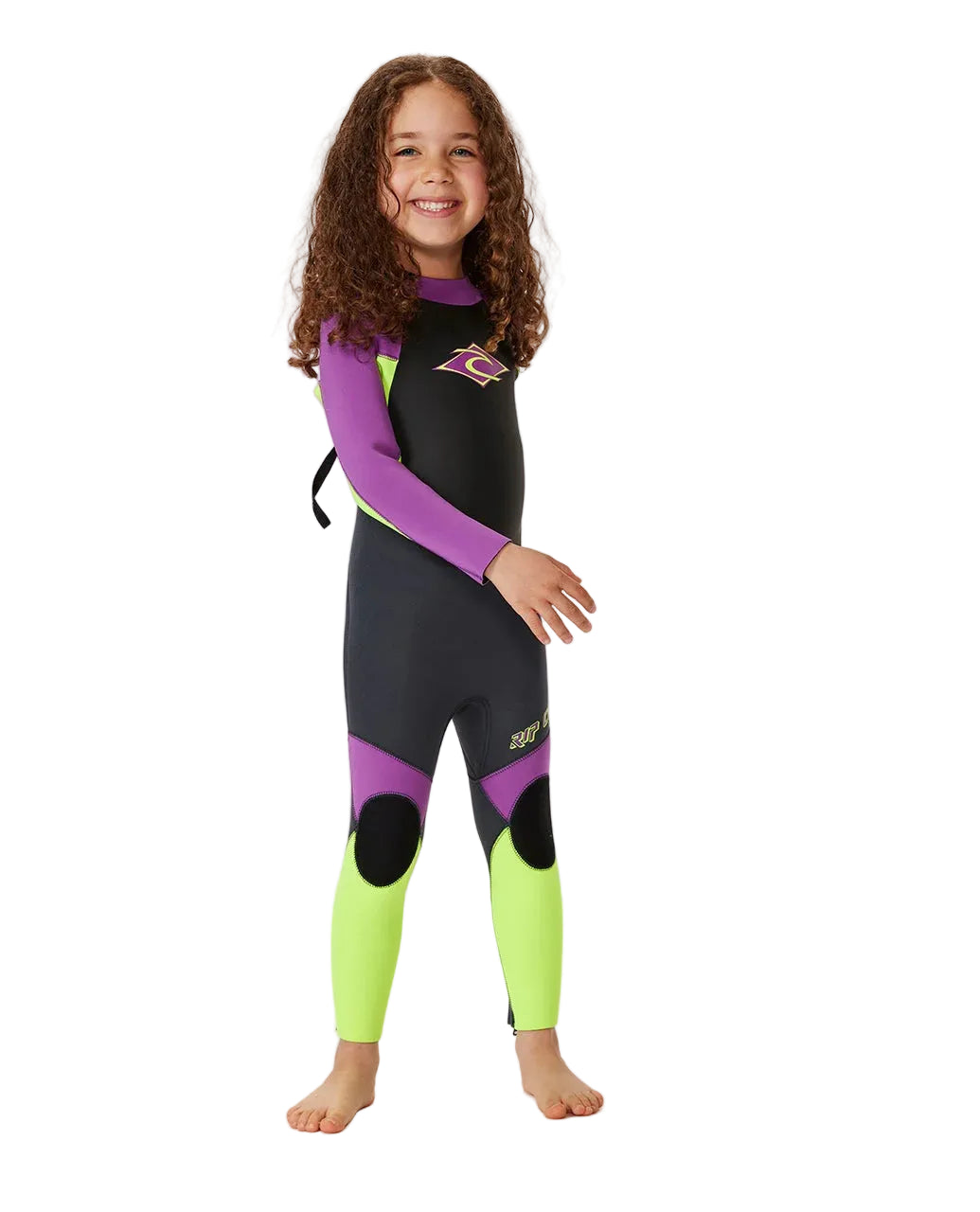 Child wearing a black, green, and purple wetsuit on a white background shed nine