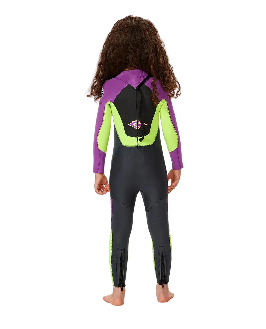 Child wearing a black, green, and purple wetsuit on a white background shed nine