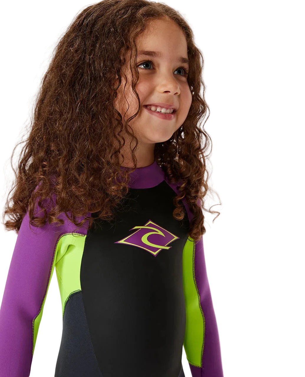 Child wearing a colorful wetsuit with a logo on a white background shed nine