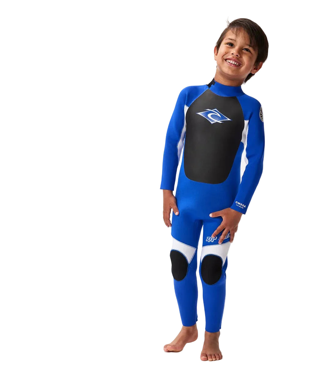 Child wearing a blue and black wetsuit on a white background shed nine